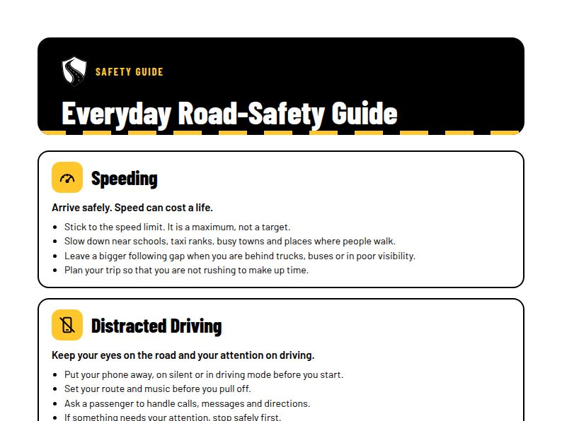 Preview of the SANA Everyday Road-Safety Guide showing topic sections with practical tips.
