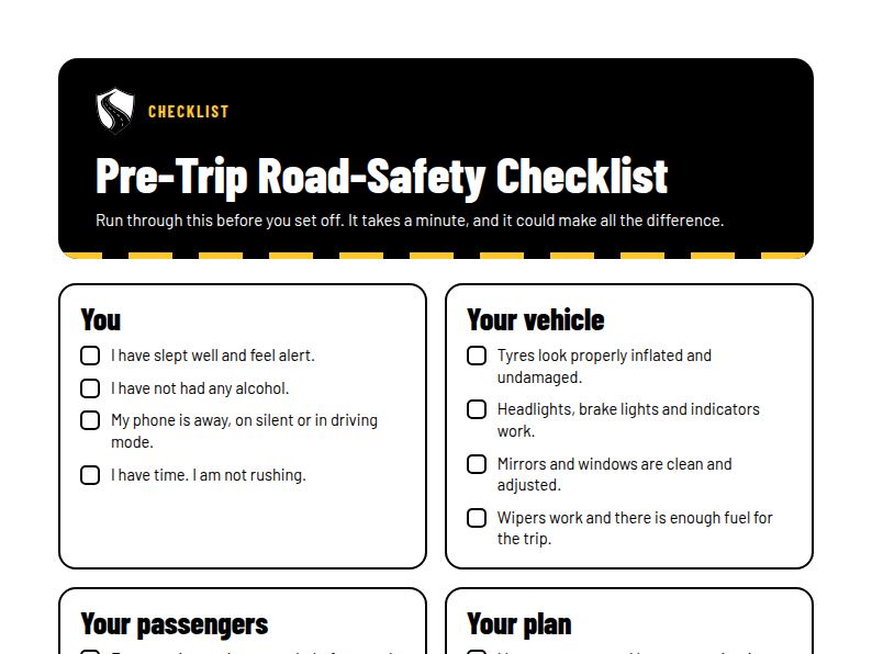 Preview of the SANA Pre-Trip Road-Safety Checklist with tick boxes grouped under You, Your vehicle, Your passengers and Your plan.